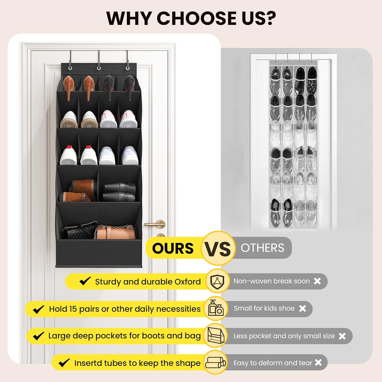 Skiennix Over The Door Shoe Organizer - 18 Pairs Hanging Shoe Rack with Large Breathable Pockets | Black