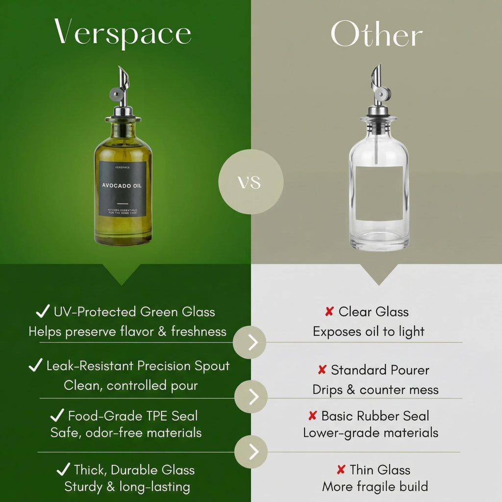 Verspace UV-Protected Green Glass Olive Oil Dispenser Bottles For Kitchen - 2 Pack - 12oz Includes 40 Kitchen Essential Labels, Avocado Oil Dispenser Set, Modern Decor for Home, Airbnb, Cafe