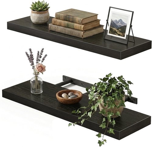 Fixwal Black Floating Shelves - 22" Rustic Wall-Mounted Wood Shelves for Living Room, Bedroom & Kitchen | Set of 2