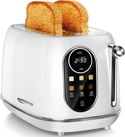 Keenstone Smart Touch Screen Toaster - 2 Slice Retro Stainless Steel with 6 Browning Levels | White