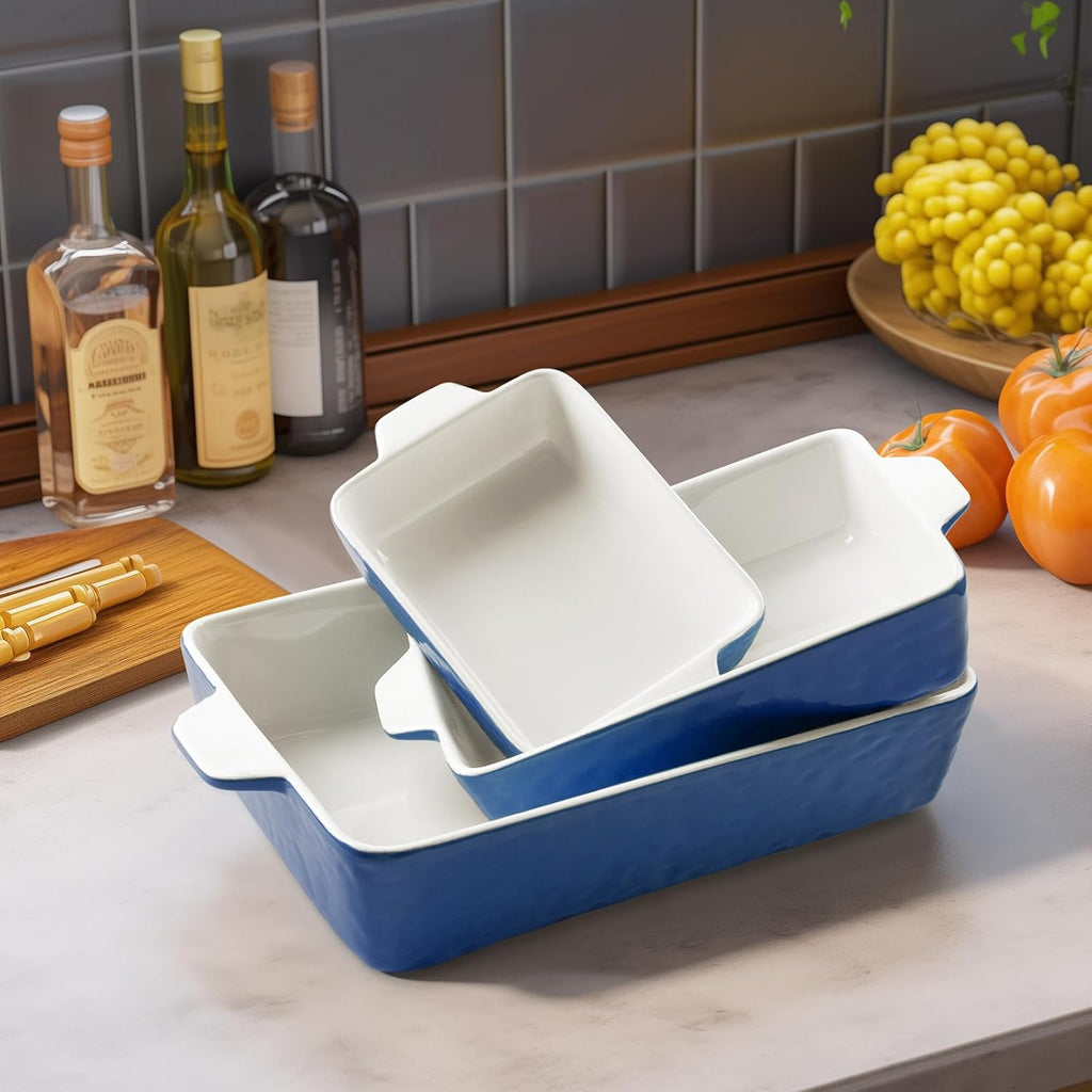 Regine Switzerland Casserole Dishes - Ceramic Baking Pan Set of 3 | Deep Porcelain Lasagna Pans (11.6" x 7.8", Dark Blue)