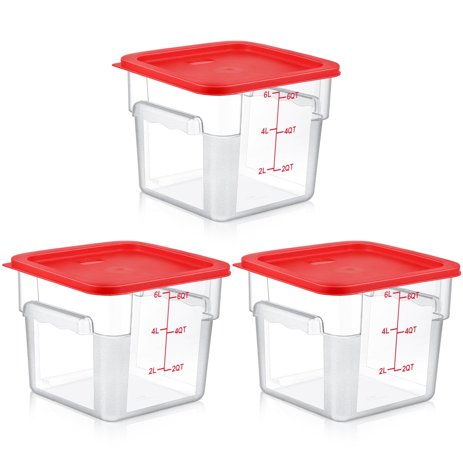 Ziliny 3 Sets 6 Qt Square Food Storage Containers with Lids Dough Proofing Bucket Commercial Polycarbonate Containers with Scale Clear Airtight Cereal for Pantry Home Restaurant (Red)