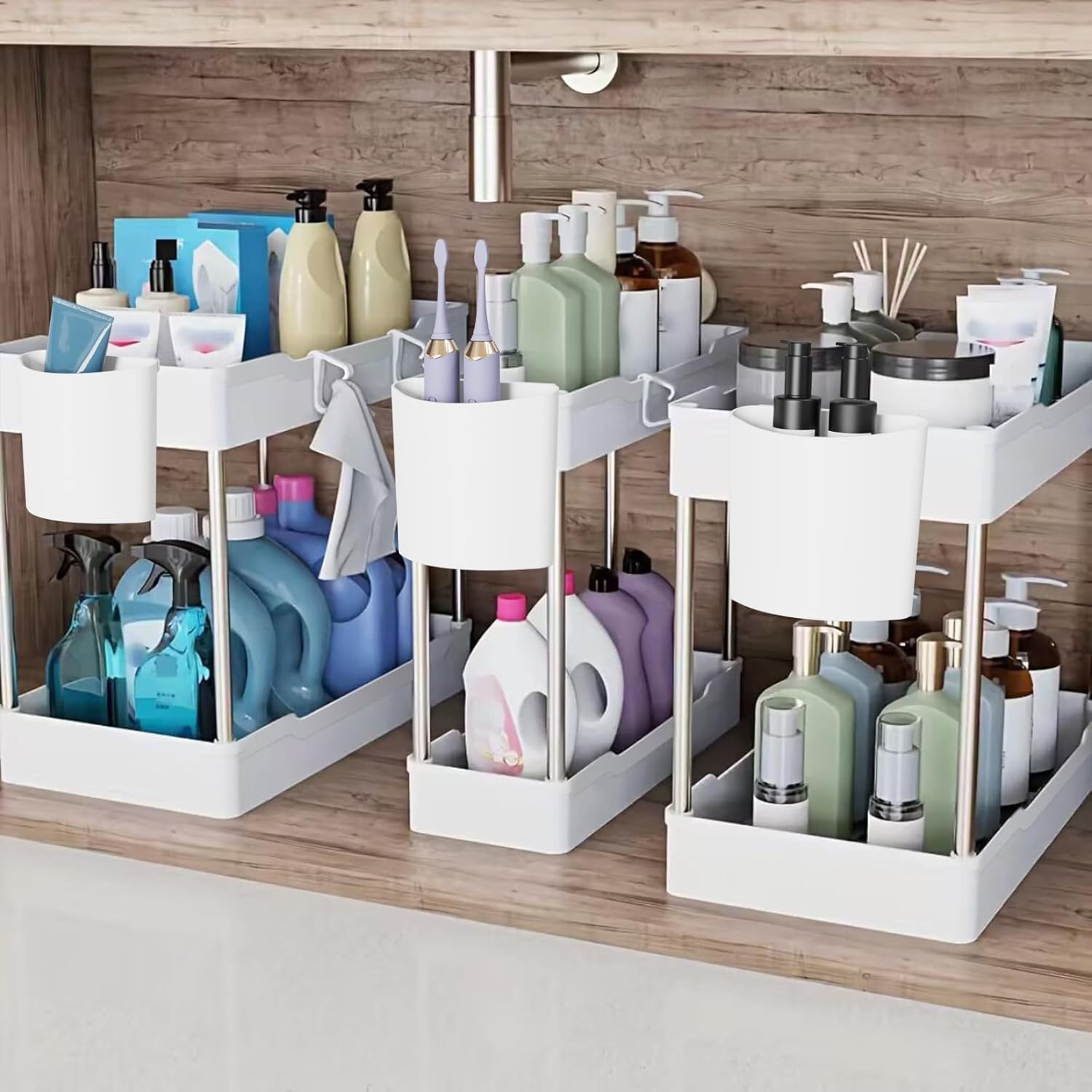 Skiennix 3 Pack Under Sink Organizers - 2 Tier Bathroom Cabinet Shelf with Hanging Cups | White