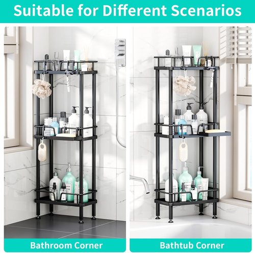 HapiRm Corner Shower Caddy - 3-Tier Rustproof Stainless Steel Organizer with Soap Holder & 4 Hooks | Black