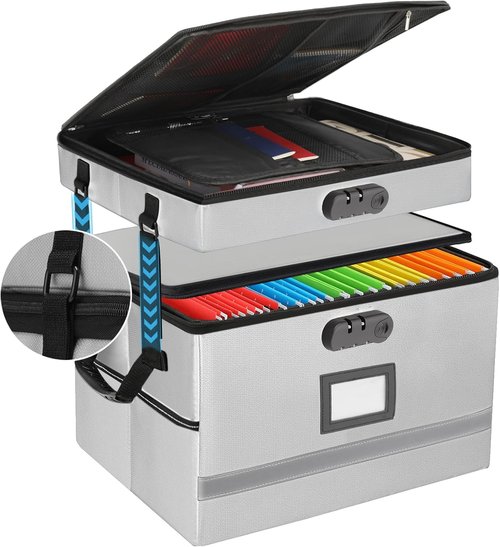 EXLIFBAG Portable Fireproof File Box - 2 Layer Document Organizer with Lock & Handle for Home Office