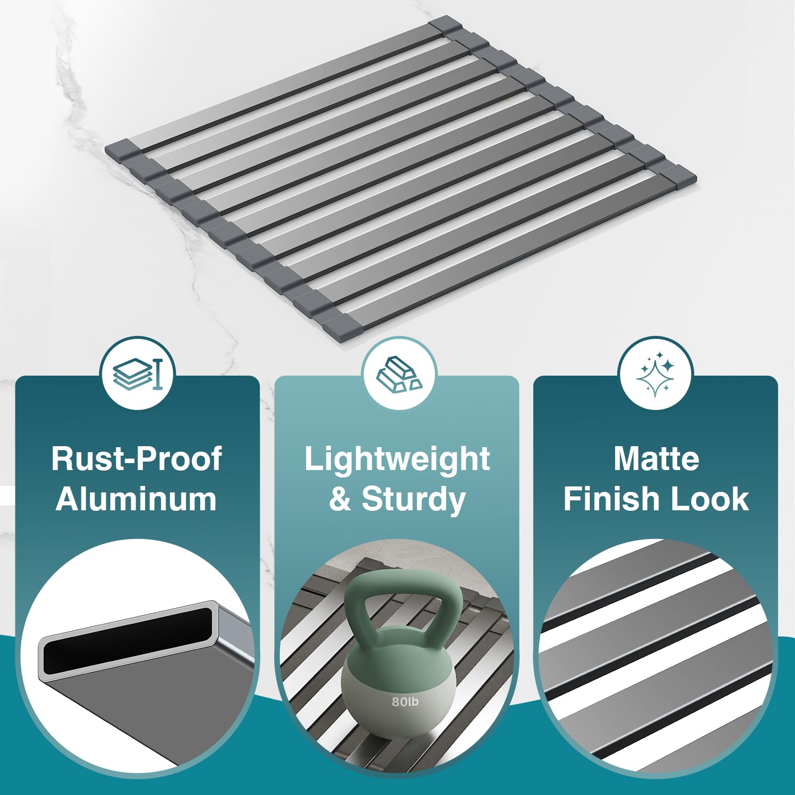 COOL-ANGLE Aluminum Roll Up Dish Drying Rack Over The Sink, 17.7" x 13.4" Rust-Proof Foldable Dish Drainer Mat, Heat Resistant Trivet & Kitchen Sink Cover, Fits Sinks up to 16.8" Wide, Matte Gray