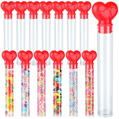 14Pcs Valentine Heart Candy Tubes, Clear Empty Candy Containers with Red Topper, Plastic Tubes for Sweets for Valentine's Day Party Supplies