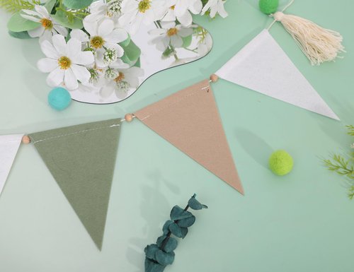Sage Green Beige and Baby Bunting - Kids Bedroom Decorations, Neutral Triangle Flag Banner, Home Nursery Wall Hanging Decorations, Rustic Triangle Flag Felt Bunting Garland