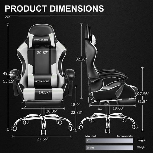 GTPLAYER Gaming Chair - Height Adjustable Computer Chair with Footrest & Lumbar Support | Pearl White