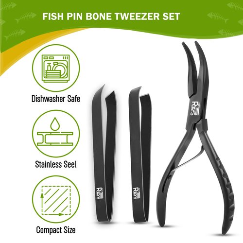Fish Bone Pliers/Tweezers – Serrated Jaw Plier + Flat & Slant Tweezers | Stainless Steel Pin Bone Remover & Deboning Tools for Salmon, Trout & All Seafood