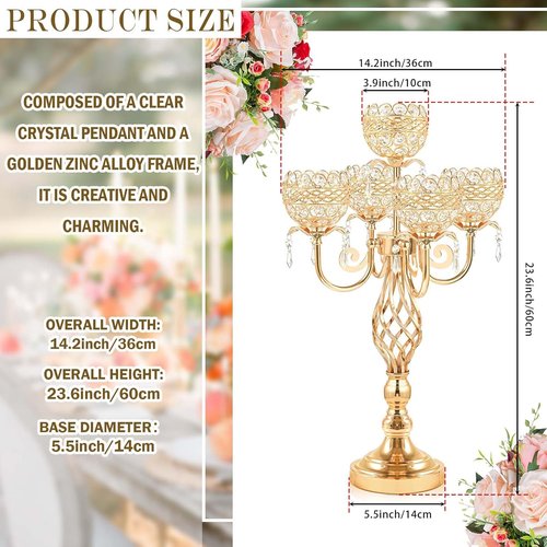 Elegant 5-Arm Candelabra Centerpiece - 23.6 Inch Tall with Crystal Pendants for Weddings & Home Decor