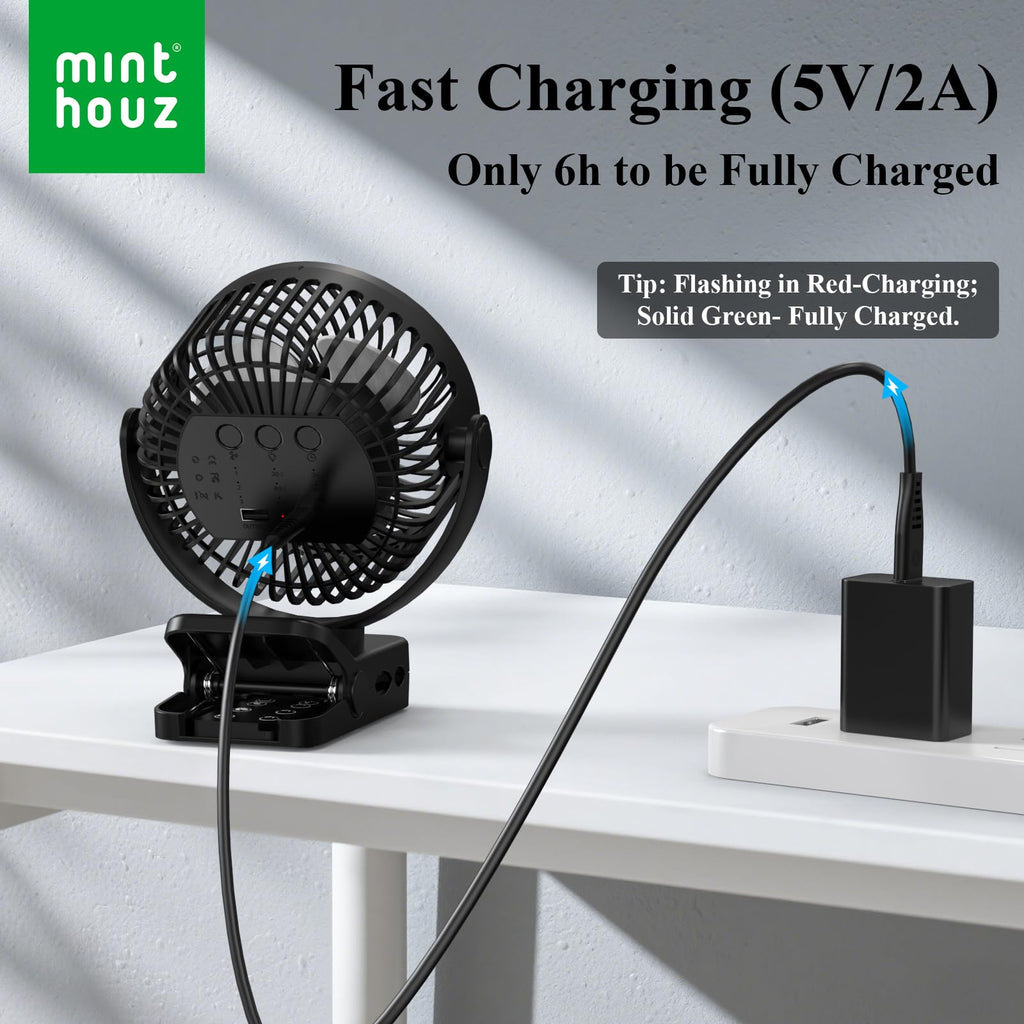 Minthouz Clip on Fan, 12000mAh Desk Fans, 360° Rotation Rechargeable Portable Fan with 45hrs Runtime - Quiet 3 Speeds, Wireless Remote, Timer, Input/Output Ports - Lightweight for Travel & Office