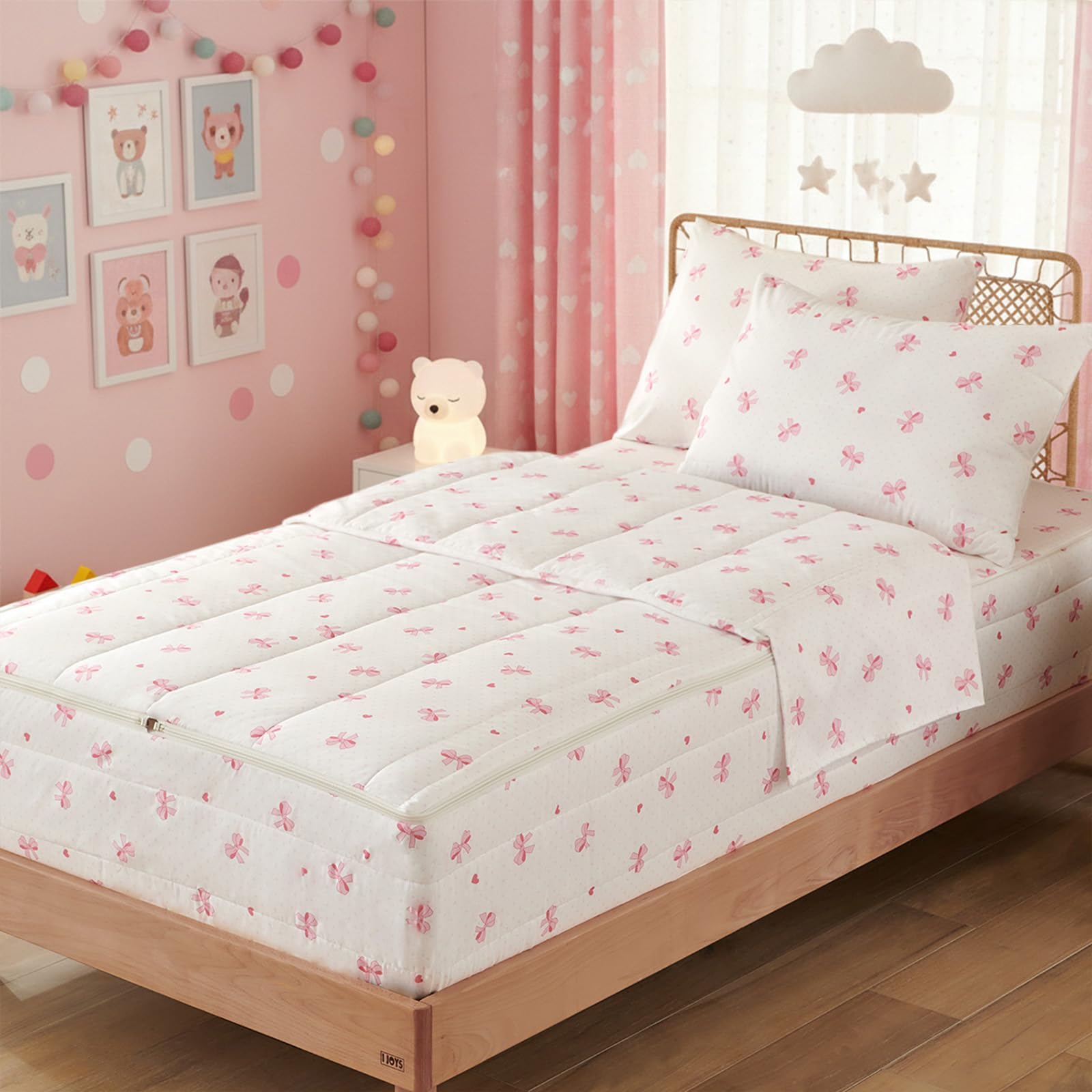 Erwinmu Kids Comforter Sets Bow Printed Zipper Bedding Sets for Girls, 3pcs Brown All in one Bed in a Bag, Easy to Make and Wash Includes Fitted Sheet and Pillow Sham, Twin
