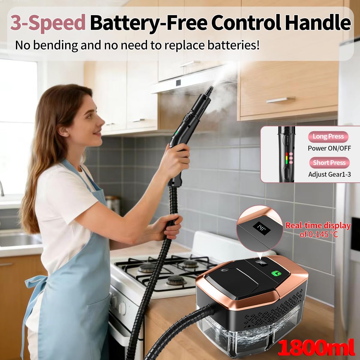 Skiennix Steam Cleaner - 3-Level Adjustable Steamer with Temp Display & 1.8L Tank | Fast Heat in 15s for Home & Car Cleaning