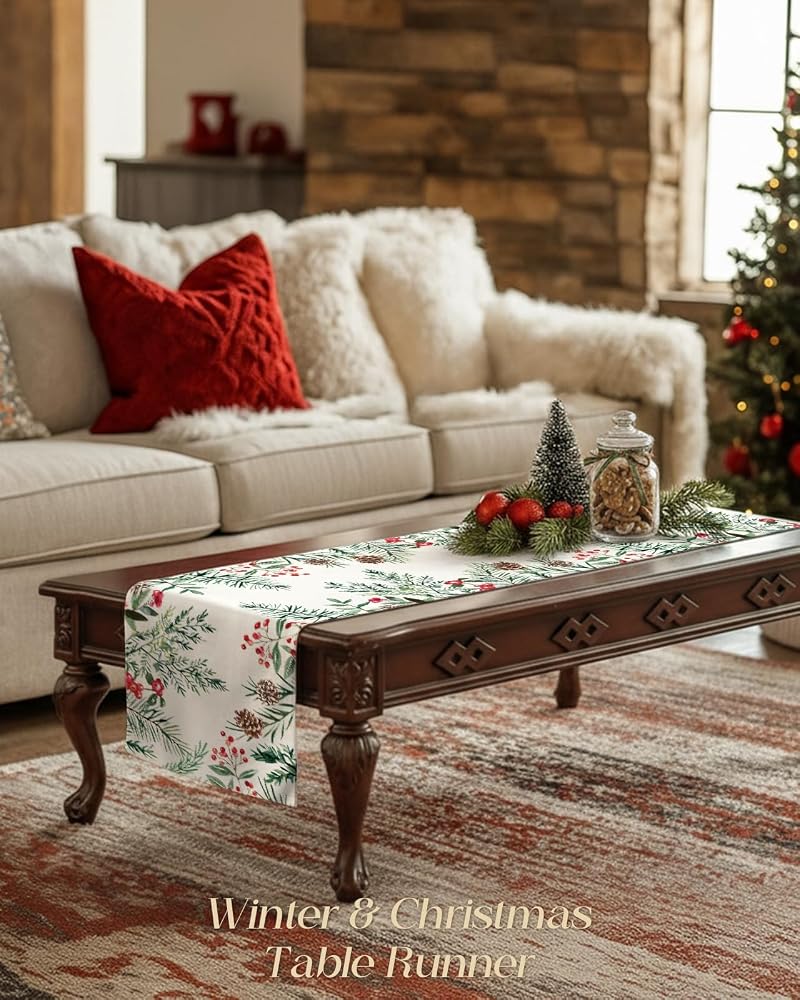 Miss Adola Holly Pine 13x72 In. Christmas Table Runner - Watercolor Berries