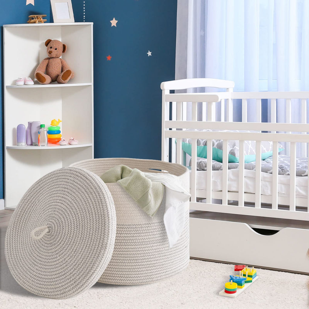 Tegance Blanket Basket with Lid, 16"D x 14"H Large Woven Rope Basket Laundry Basket Baby Toy Storage Basket Hamper Decorative Nursery Bin for Living Room Bedroom with Handles