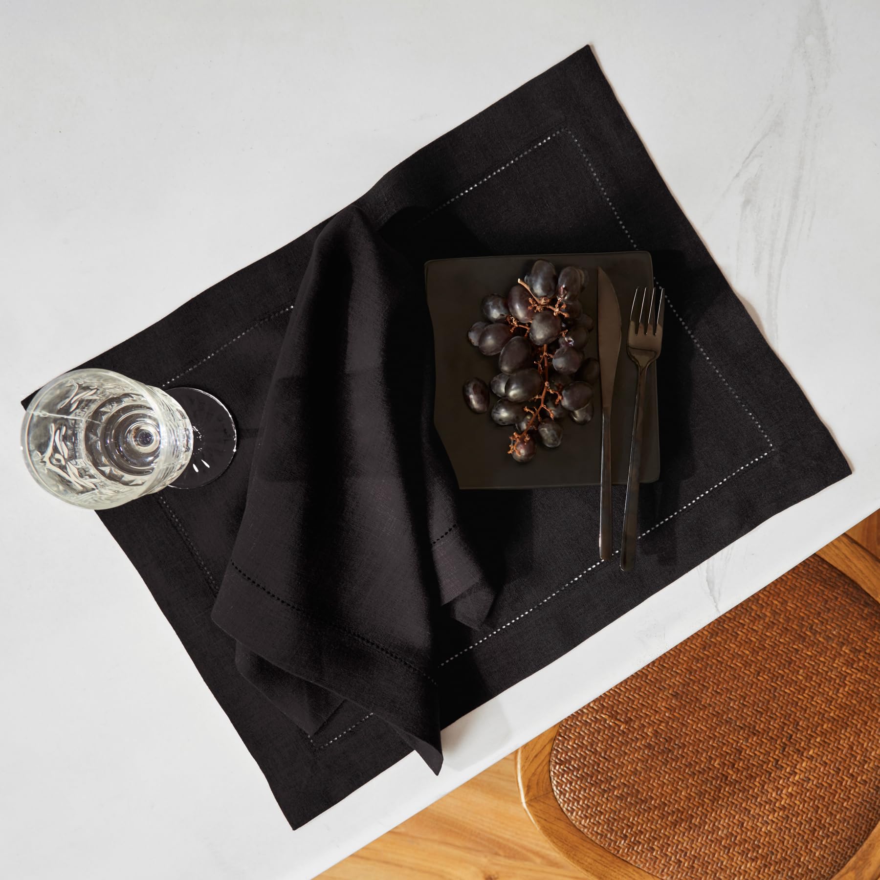 Solino Home Linen Cloth Placemats Set of 6-100% Pure Linen Hemstitch Black Placemats 14 x 19 Inch - Sonoma Hemstitch Table Place Mats for Mothers Day
