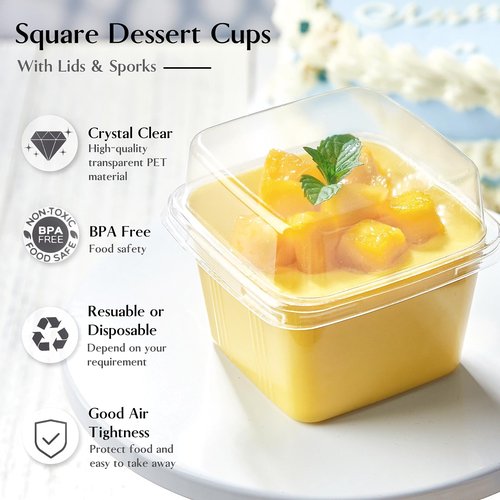 TOFLEN 100Ct 8 oz Square Plastic Dessert Cups with Lids and Sporks, Clear Plastic Yogurt Parfait Cups Cake Cup for Mousse, Fruit, Banana Pudding Cup