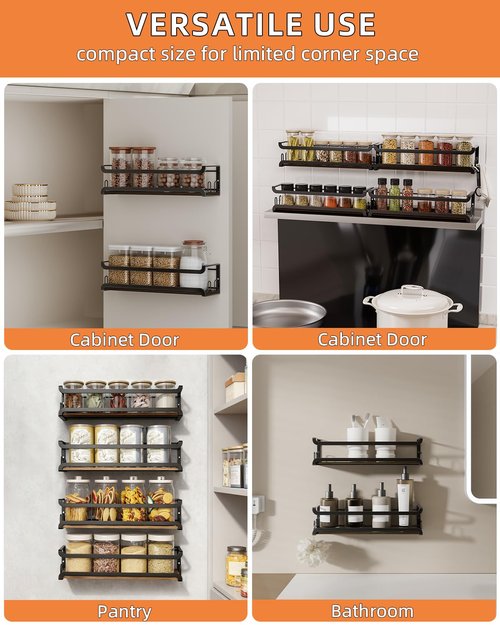 Doakhirmit Wall Mounted Spice Rack with 16 Hooks, Rustic Wood Spice Organizer Shelf for Stove Cabinet Pantry Door,Screw or Adhesive Hanging Spice Shelf,Wall Spice Rack in Kitchen and RV,4 Pack