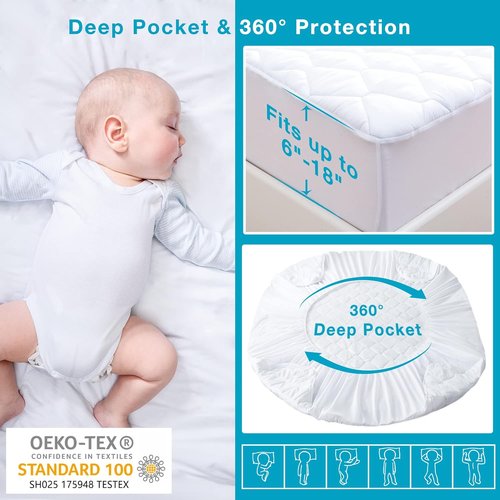 Lunsing Waterproof Queen Mattress Protector - Breathable Pad Cover for 6-18 Inch Depth | White