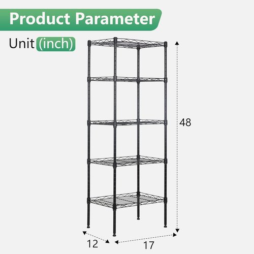 FDW Wire Shelving Unit - 5-Tier Adjustable Metal Storage Rack for Kitchen & Garage | 17"L x 12"W x 48"H, Black