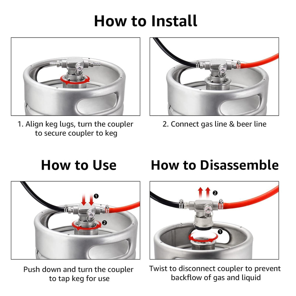 Dbgogo Low Profile Keg Coupler, 304 Stainless Steel D System Keg Coupler Space Saving Twist-Activated Homebrew Sankey Keg Tap with Safety Pressure Relief Valve and Connection Tape and Hose Clamp