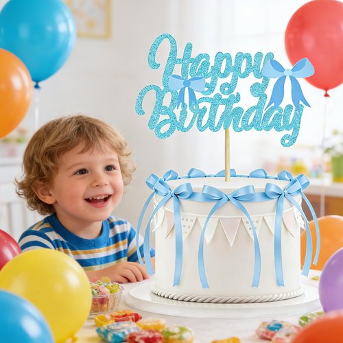 11 Pcs Blue Bow Cake Toppers, Happy Birthday Sign, 10Pcs Ribbion Bow Cupcake Toppers for Blue Bow Birthday Decorations, Baby Shower, Bridal Shower, Graduation Party