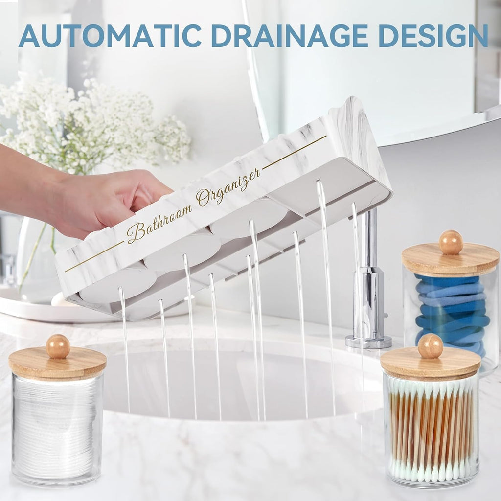 Tucao Toothbrush Holder - Sturdy Bathroom Organizer with 6 Large Slots & 3 Qtip Holders | Marble White