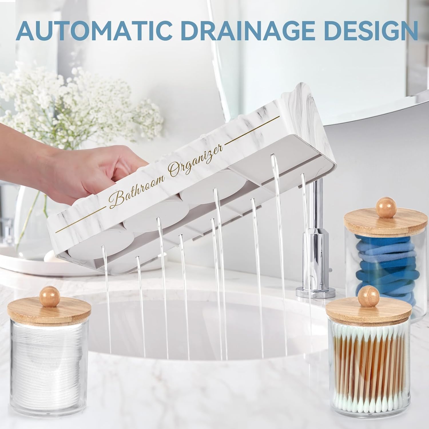Tucao Toothbrush Holder - Sturdy Bathroom Organizer with 6 Large Slots & 3 Qtip Holders | Marble White
