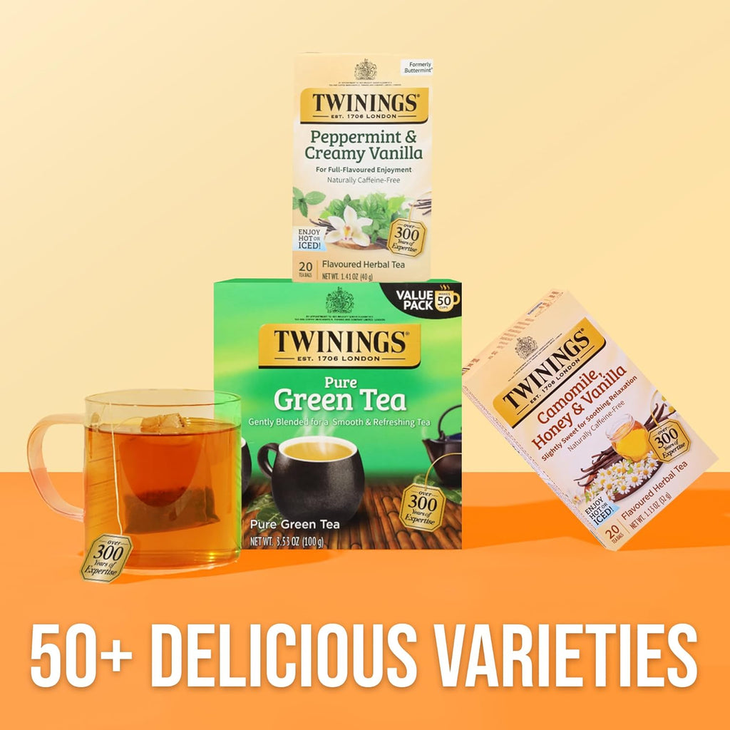 Twinings Peppermint & Creamy Vanilla Herbal Tea - Caffeine-Free, 20 Individually Wrapped Bags, Pack of 6