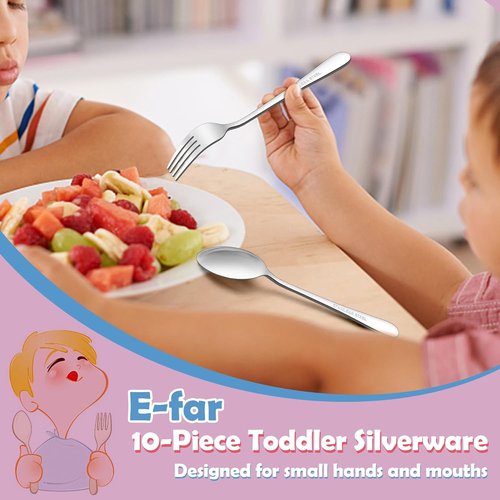 E-far Toddler Forks and Spoons Set - 10-Piece Stainless Steel Utensils for Safe Self-Feeding | Non-Toxic & Dishwasher Safe