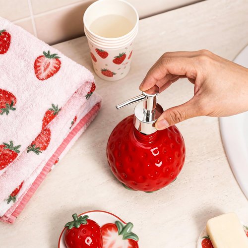 CHOOLD Ceramic Retro Strawberry Soap Dispenser with Plastic Pump, Refillable Lotion Hand Soap Container, Lotion Bottle