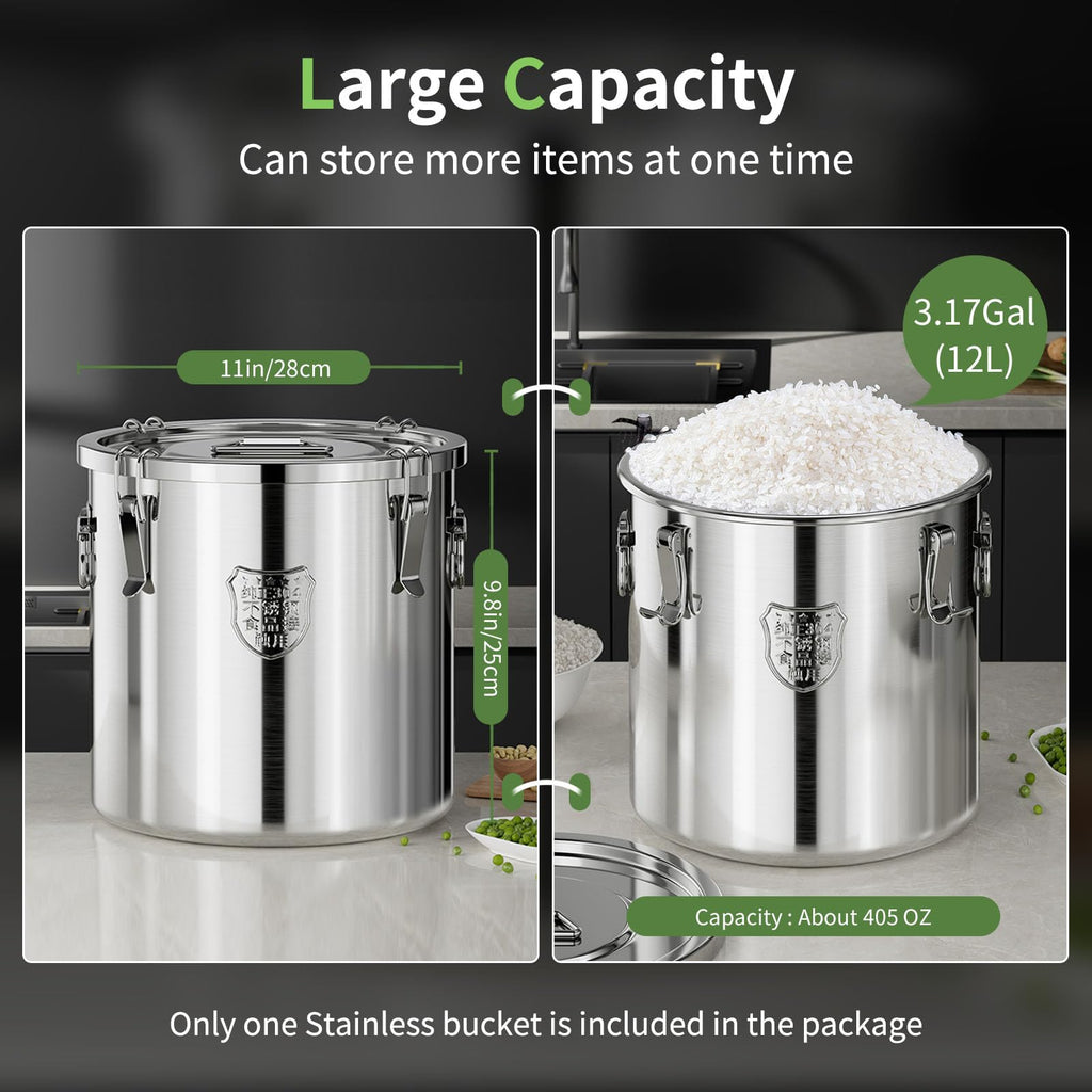 SWRONP 304 Stainless Steel food Storage Containers,3.2 Gal/12L Airtight Stainless Steel Bucket With lids,405oz Flour Storage Container,Metal Airtight Canister for Rice,Grain,Coffee Bean,Dog Food