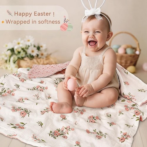 BOPRIO Muslin Baby Blanket - Super Soft Pink Floral Nursery Throw with Breathable Cotton | 30 x 40 Inch