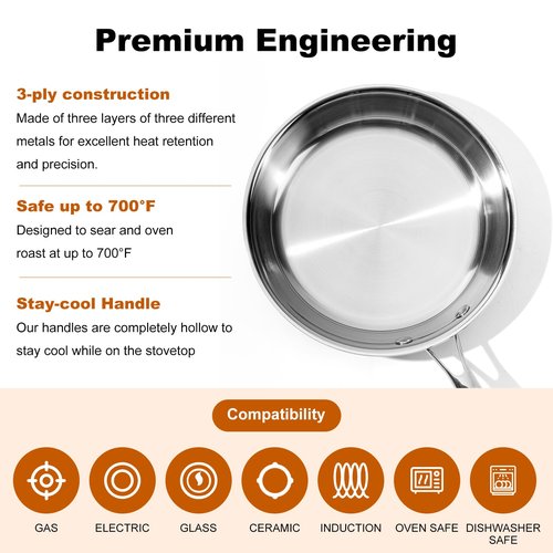 Ranbomer Stainless Steel Pan 8 Inch，Non-Toxic PFAS, PFOA & PTFE Free, Compatible With All Cooktops & Induction Safe, Oven Safe Pan for Searing & Sautéing, Long Lasting Cookware. (8 Inch)