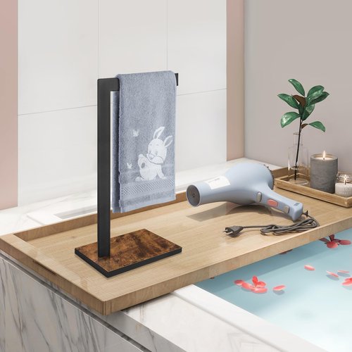 BCOZLUX Hand Towel Holder for Bathroom, Hand Towel Stand with Wood Base, L-Shape Hand Towel Rack Height 13.85'' for Vanity Countertop, Kitchen Counter, (Rustic Brown-Square Base-L Shape)