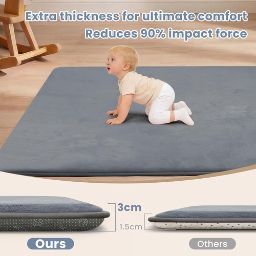 ACOMOPACK Baby Play Mat - 1.3" Thick Memory Foam, Water-Repellent, Non-Slip Velvet Rug | 50x50" Grey