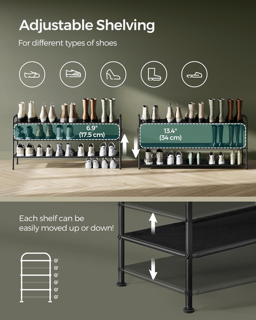 SONGMICS Shoe Rack - 3-Tier Fabric Organizer with 4 Hooks | Holds 18 Pairs, Height-Adjustable, Ink Black