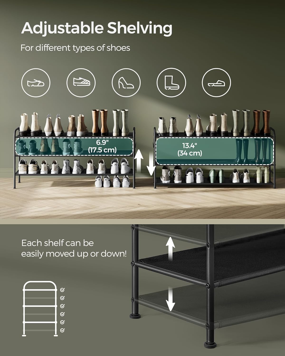 SONGMICS Shoe Rack - 3-Tier Fabric Organizer with 4 Hooks | Holds 18 Pairs, Height-Adjustable, Ink Black