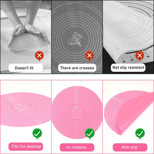 2Pcs Silicone Cake Mat,12 Inch Pink Round Baking Mat with Measurements Reusable Turntable Pastry Mats for Rolling Out Dough Cake Pizza and Cookies