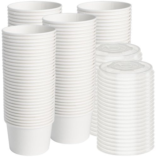 ESSENTIAL Paper Ice Cream Cups with Lids, 120pcs 8oz Disposable Dessert Bowls with Lids for Hot or Cold Food, Paper Snack Containers for Sundae, Frozen Yogurt, Soup (White)