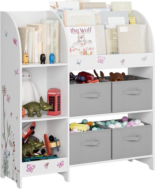 BOTLOG Toy Storage Organizer, Kids Bookshelf with 4 Fabric Bins, Toy Box Storage for Organizer with 3 Tier Book Rack and 3 Open Cubbies for Kids Room, Playroom, Nursery, School