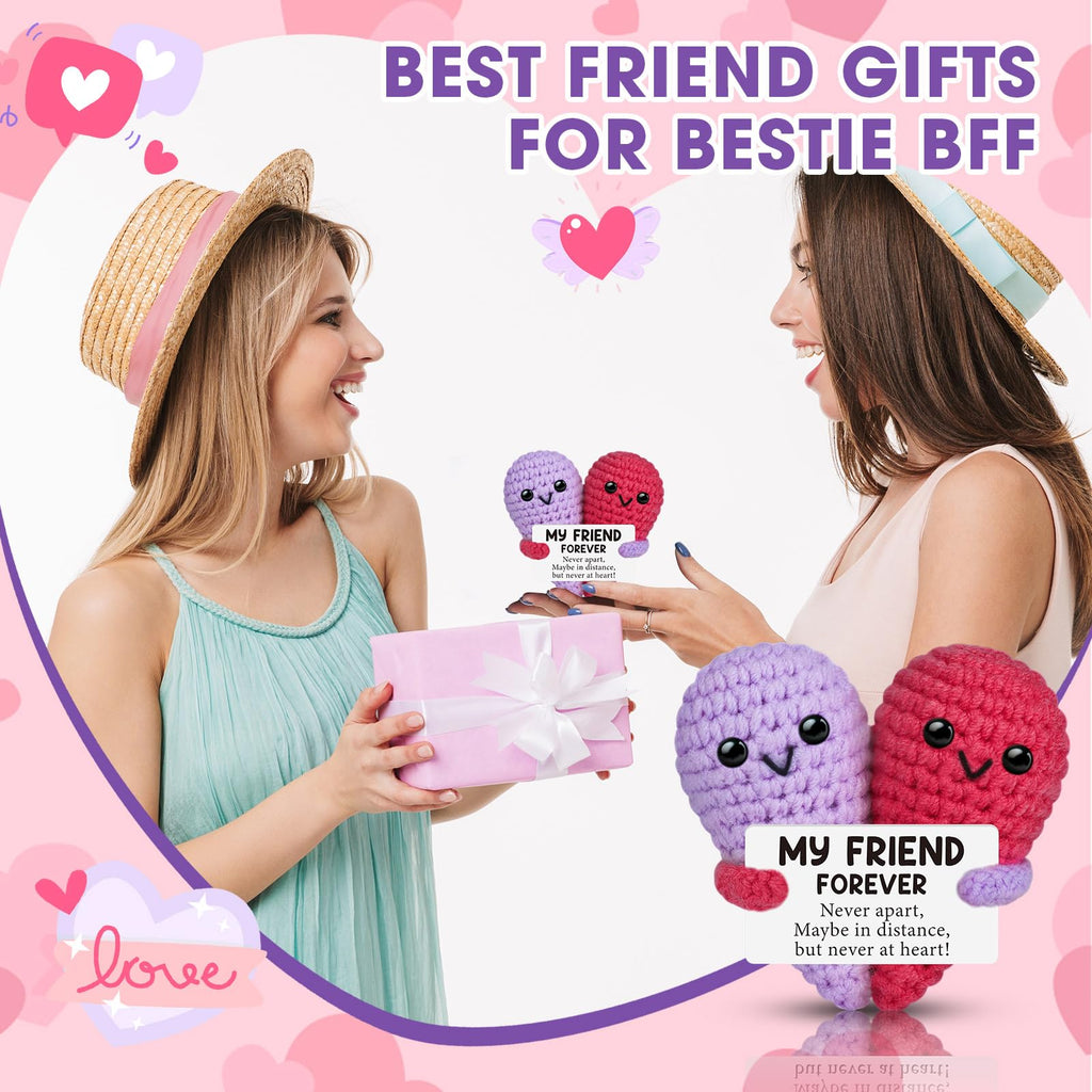 LemonRoad 4 Pack Valentines Galentines Day Friendship Gifts for Women 16 oz Glass Cup with Lid, Straw Brush, Heart Crochet and Keychain with Organza Bag Birthday Gift for Soul BFF Sister Bestie
