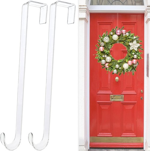 Clear Wreath Hanger Hooks - 15-Inch Non-Scratch Over The Door Hooks | 2 Pack for Fall & Christmas Decor