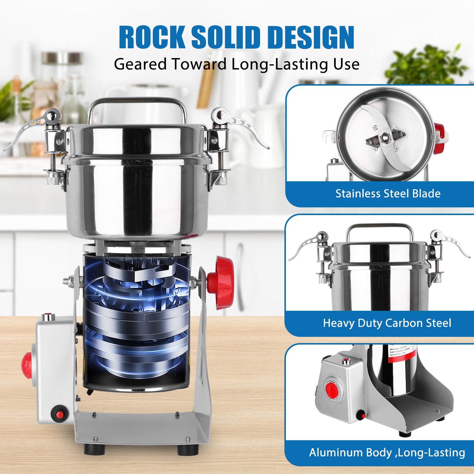 3000W Electric Grain Mill Grinder, 800g Stainless Steel Flour Mill Grinder for Home Use, High Speed Commercial Pulverizer for Dry Grains Spices Coffee Corn Pepper, Swing Type