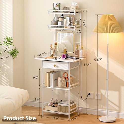3IngSeagulls Small Vanity Desk Without Mirror, Makeup Vanity Table for Small Space, Compact White Dressing Table with Fabric Drawers, Makeup Vanity with Storage for Bedroom, White, 23.6in（W）