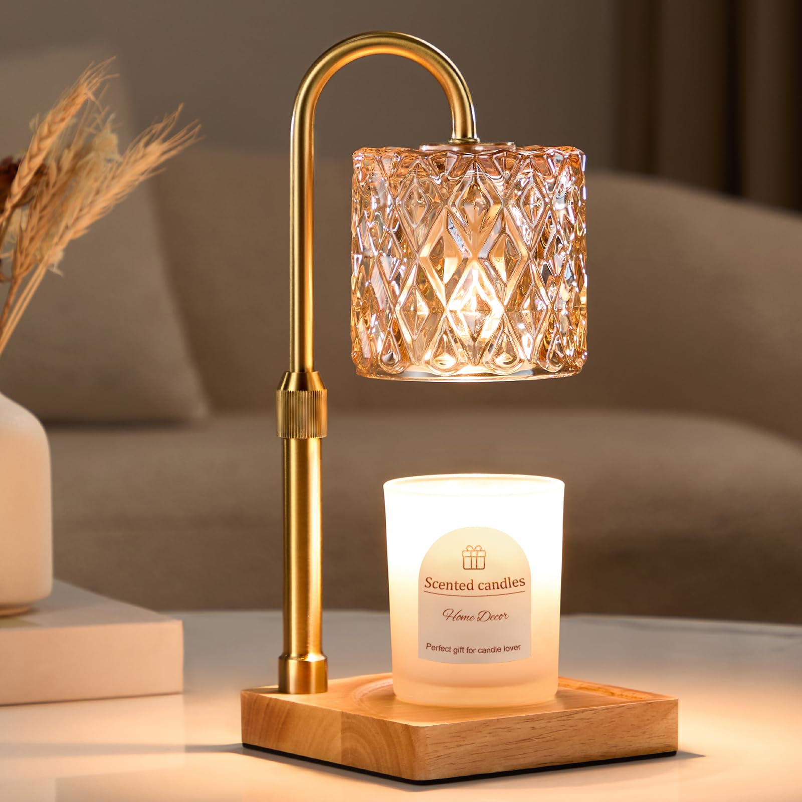 Hong-in Candle Warmer Lamp with Timer -Dimmable Adjustable Height,House Warming Gifts New Home,Vintage Home Decor with Elegant Amber Glass,Birthday Gifts for Women, Mom, Friend and Sister