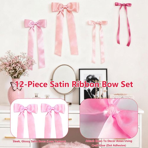 16 Pcs Pink Bow Wall Decor, Coquette Ribbon Bows Hanging Decorations for Girls Room, Nursery, Birthday Party, Baby Shower, Wedding Backdrop and Aesthetic Room Decor