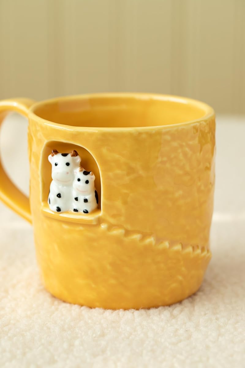 Dihoclub Yellow Parent-Child Cow Ceramic Coffee Mug — 14 oz Handcrafted Tea Cup with Window Sill Sculpture