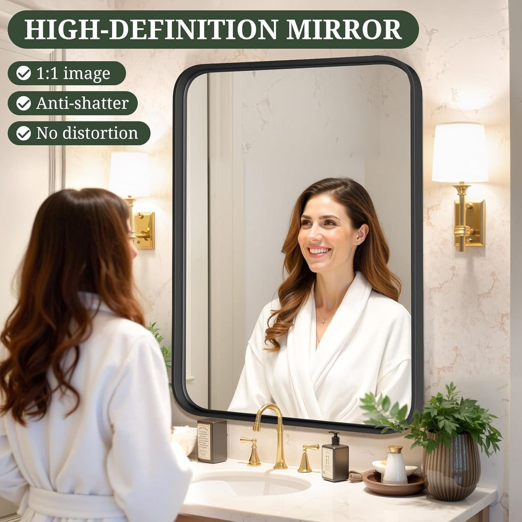 Regine Switzerland Bathroom Mirror - 36x24 Inch Black Metal Frame | Modern Anti-Rust Vanity Mirror